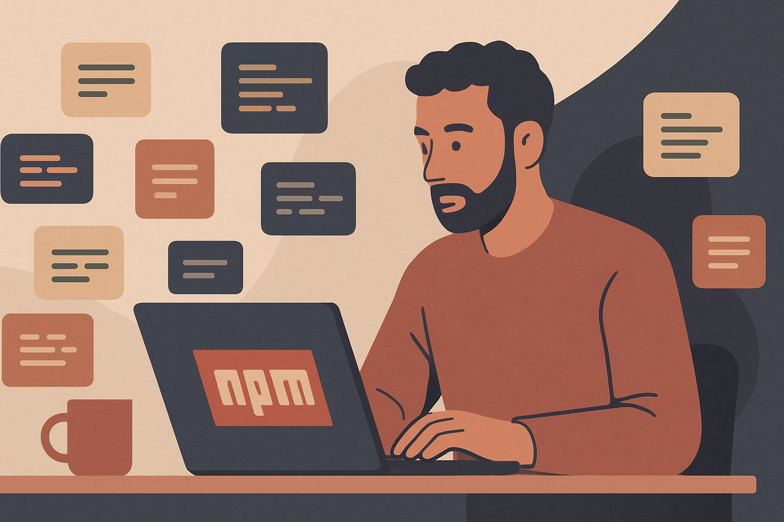 A developer working with NPM packages on a laptop